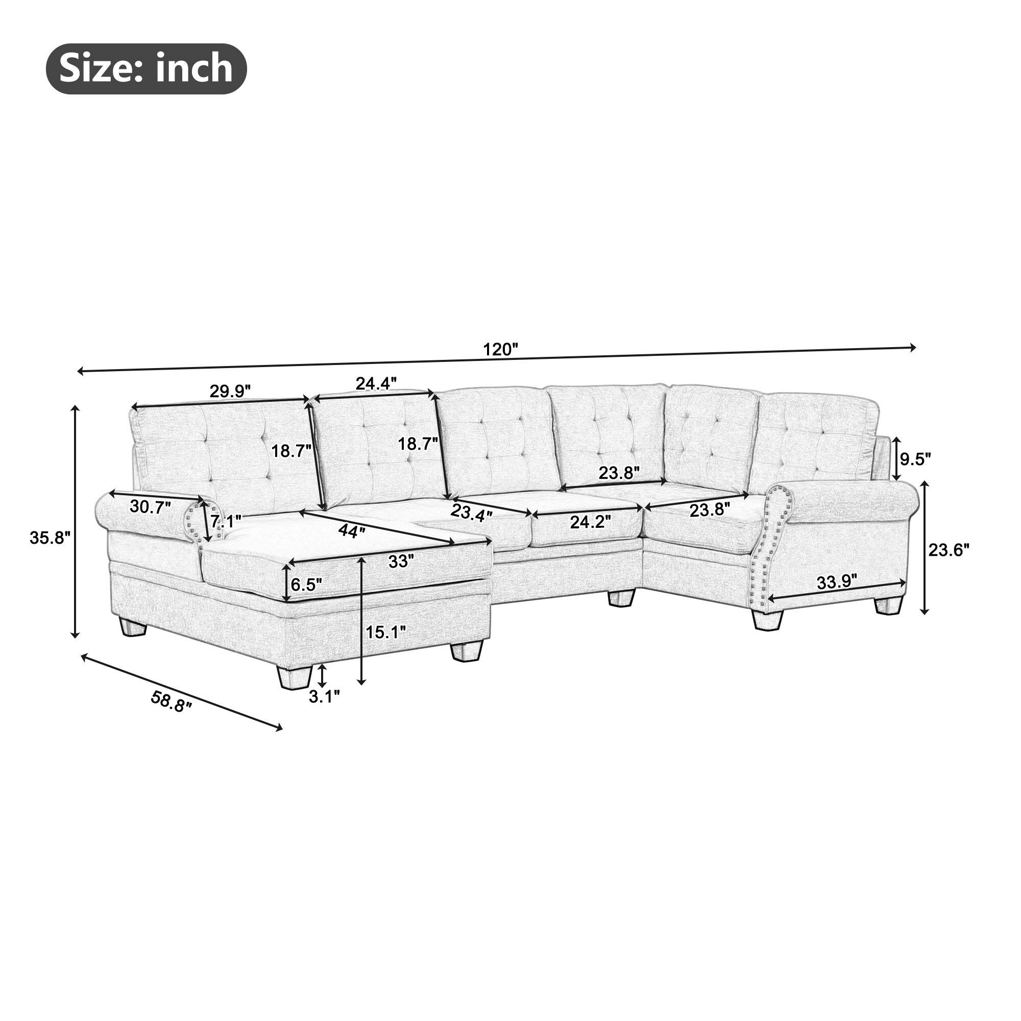 120" Large Modern UShaped Corner Sectional Sofa w/Nail Head